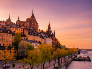 Obraz premium Mariahissen Building on the north shore of Södermalm, an island belonging to Stockholm in Sweden at Sunset 