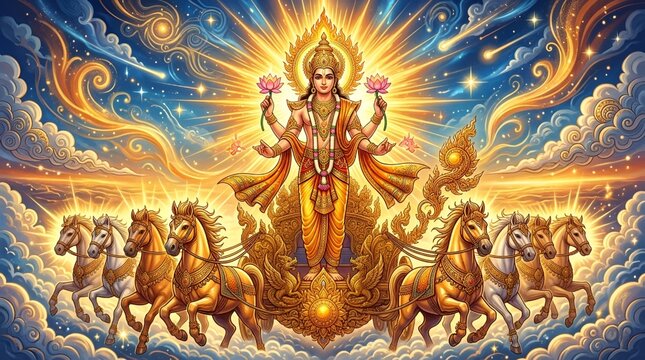Surya Hindu Sun God Standing on Golden Chariot Pulled by Seven Horses in Divine Sky