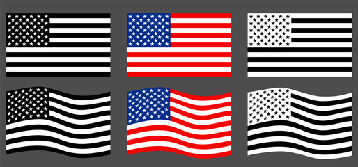 Fototapeta premium United States of America flag vector set, waving and flat USA national icons, monochrome and colored american flag variations