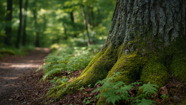 苔むした古木と森の小道が続く静かな自然風景写真