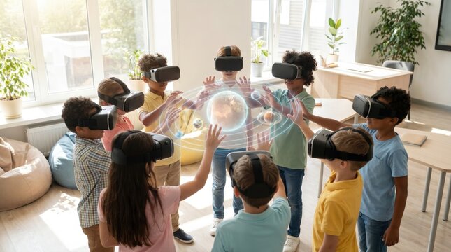 Group of diverse schoolchildren wearing virtual reality headsets interacting with a holographic solar system in a classroom