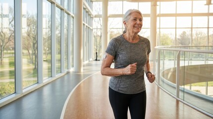 Fototapeta premium Smiling senior woman jogging on an indoor track wearing a continuous glucose monitor patch on her arm