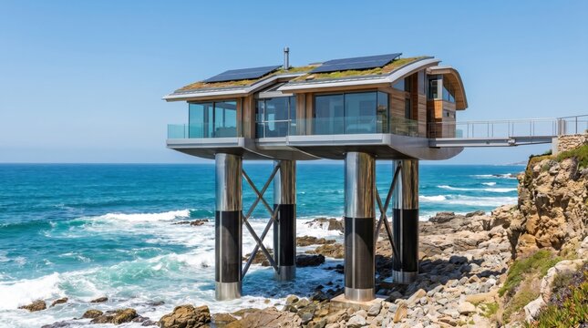 Modern luxury house built on tall steel stilts over a rocky ocean coastline featuring solar panels on a green roof
