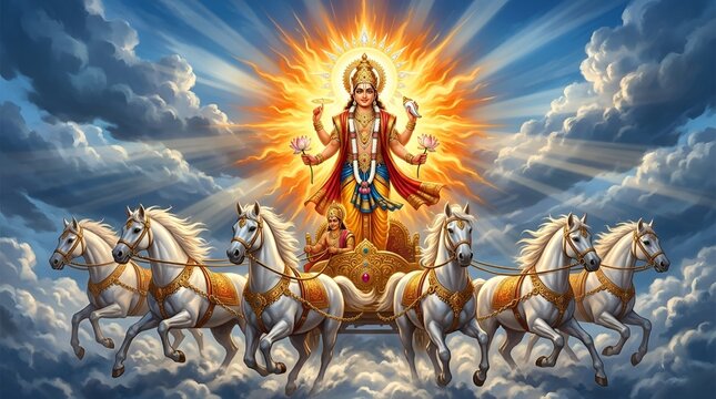 Surya Dev Hindu Sun God on White Horse Chariot with Charioteer Aruna in Dramatic Sky