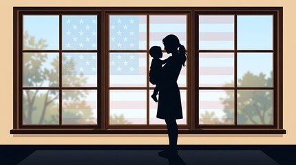 Fototapeta premium Vector silhouette of a mother and child standing in front of a window with a subtle American flag reflection