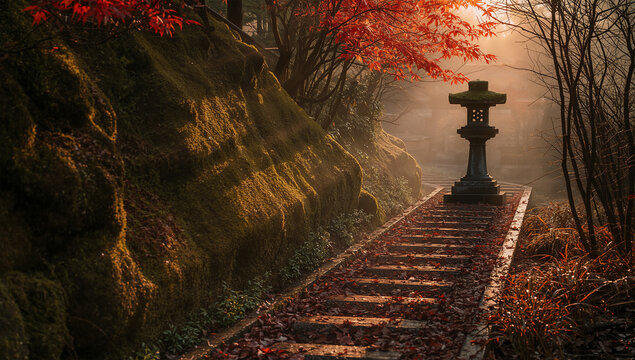 紅葉の寺院庭で苔むした石灯籠が夕日に照らされる写真