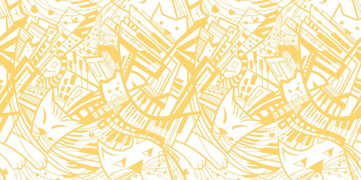 Print Seamless abstract pattern with a musical-themed design of keys, strings, and cats for textiles and design. High quality photo