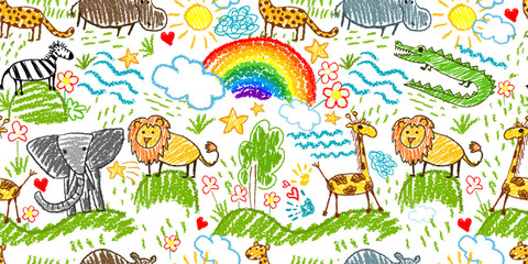 Naklejka premium Seamless rainbow pattern children's drawings of African animals. Hand drawn. Not AI, vector illustration.