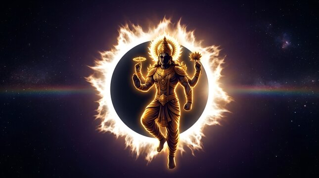 Surya Hindu Sun God Emerging from Total Solar Eclipse with Rainbow Light in Space