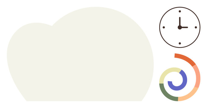 Cloud storage, data analytics, time management, project planning, digital trends, technology integration. A cloud shape, clock and segmented circular chart. Cloud storage and data analytics concept