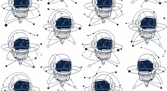 astronaut helmet with constellation in visor and orbiting planets space pattern