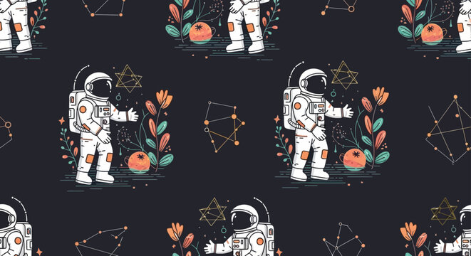 cute astronaut with plants and constellations in outer space illustration