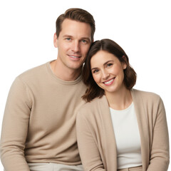 Fototapeta premium Caucasian man in beige sweater and woman in white top posing together against a white studio background, conveying an atmosphere of enduring love and togetherness