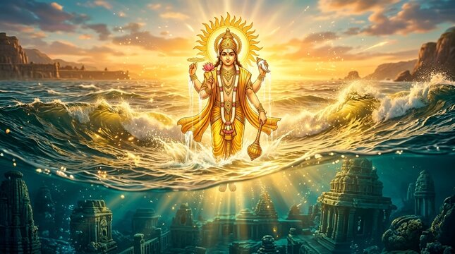 Surya Hindu Sun God Emerging from Sacred Ocean Waves with Underwater Ancient Temple at Golden Sunset