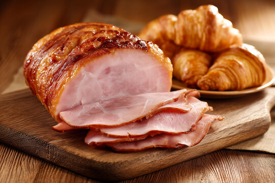 Sliced honey glazed ham on a wooden cutting board with fresh golden croissants in the background. Delicious breakfast or holiday dinner concept served on a rustic wooden table