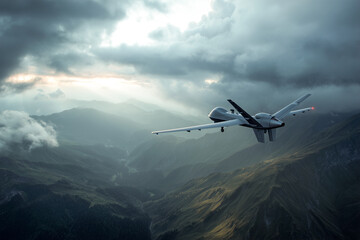 Fototapeta premium Military surveillance drone flying high over a vast mountain range under a dramatic cloudy sky at sunset. Concept of modern aerial reconnaissance and advanced defense technology