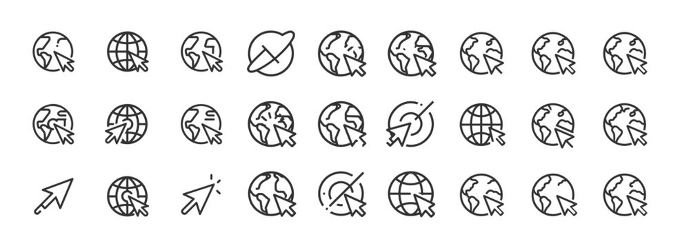 Set of linear web icons featuring earth globes and cursor arrows for global internet connectivity concepts