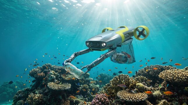 Underwater robotic drone using mechanical arms to collect plastic waste from a vibrant coral reef