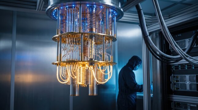 Glowing golden quantum computer core suspended in a high tech laboratory with a scientist in the background
