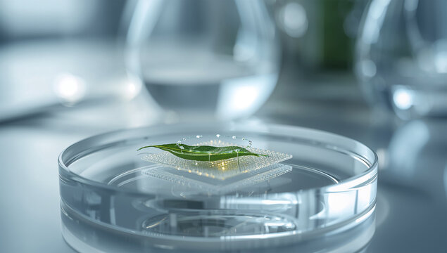 研究室で植物チップと微細センサーを観察する科学写真