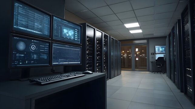 A sophisticated data center environment featuring networked servers multiple monitoring stations and complex digital data visualizations