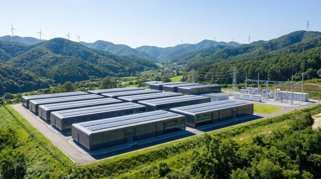 Massive modular battery energy storage facility with solar panels on roofs situated in a lush green mountain valley