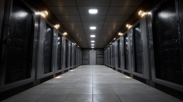 A modern illuminated industrial corridor passing between parallel rows of technical equipment and server racks