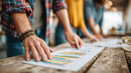 Obraz premium Group of people working together to analyze charts and graphs in a meeting space during the daytime