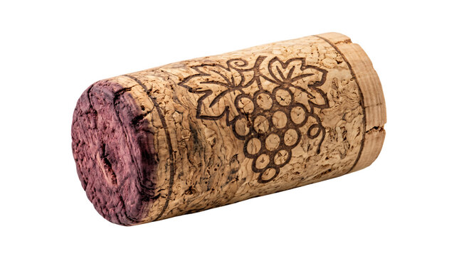 Natural wine cork with grape engraving and red wine stain, textured wooden bottle stopper, isolated cork on white background
