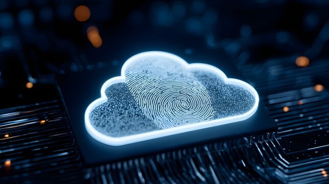 A luminous digital cloud containing a fingerprint pattern overlaid on a glowing electronic circuit board symbolizing data security and connectivity