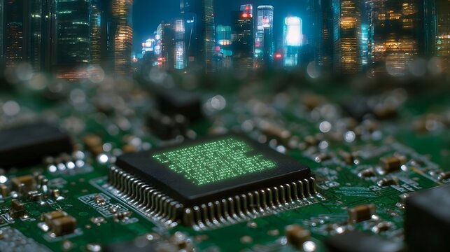 ro photograph of a glowing microchip displaying green binary code against a vibrant blurred futuristic cityscape