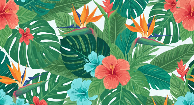 seamless tropical pattern featuring vibrant hibiscus and bird of paradise flowers with lush monstera leaves for summer backgrounds.