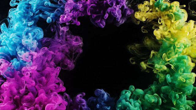 Colorful ink clouds, vibrant smoke swirls, rainbow hues, abstract background