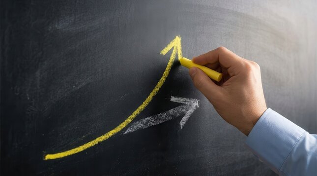 Businessman erasing a white arrow and drawing a yellow arrow on a chalkboard to show growth.