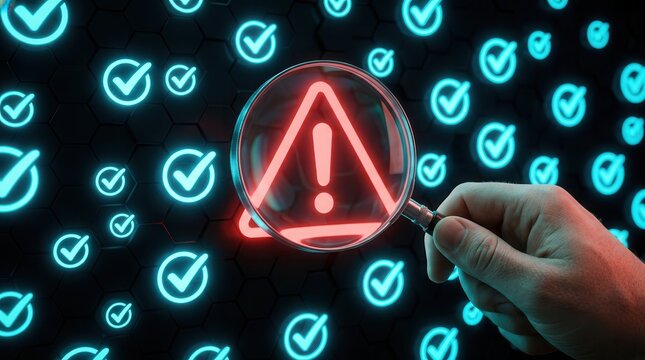 A system engineer uses a magnifying glass to identify a problem in a computer network system.