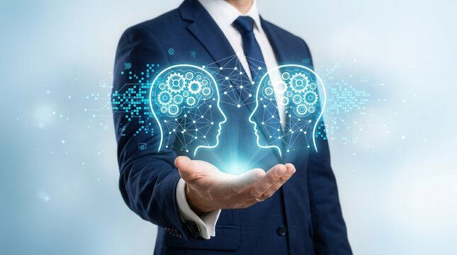 Businessperson holding a digital network structure and head icons for knowledge management.