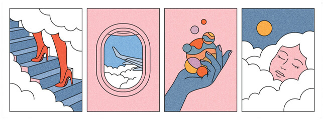 Whimsical surreal illustration set with dream themes, stairs to heaven, flight, cosmic hand, and sleeping in clouds © Abir Creative Studio