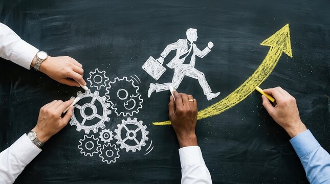 Three people drawing a running businessman, gears, and an upward arrow on a chalkboard for business management.
