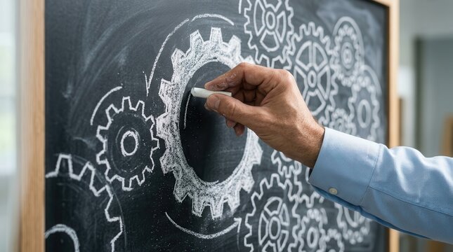 A businessman drawing white gears on a chalkboard to represent business operation.