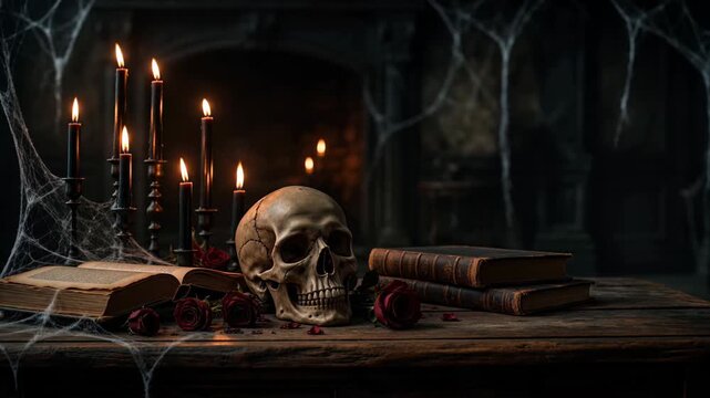 Human skull with burning candles and old books on dark wooden table. Halloween decor with spider web for gothic mystery atmosphere. Spooky table setting with red rose floral accent for celebration