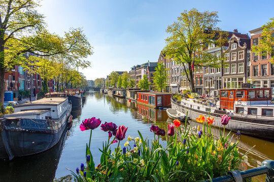 Traditional Dutch architecture and canals in Jordaan district, Amsterdam, Netherlands