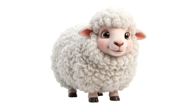 Adorable fluffy white sheep character, cute 3D cartoon lamb with soft wool texture, friendly farm animal mascot isolated on white background
