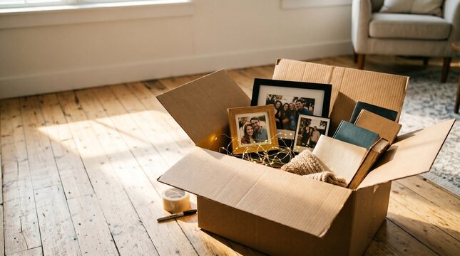 Cardboard box filled with picture frames on wooden floor indoors  