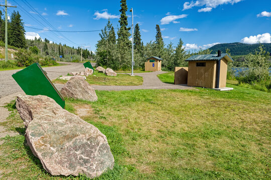 Bear resistant trash cans and public restrooms at a rest area in British Columbia, Canada