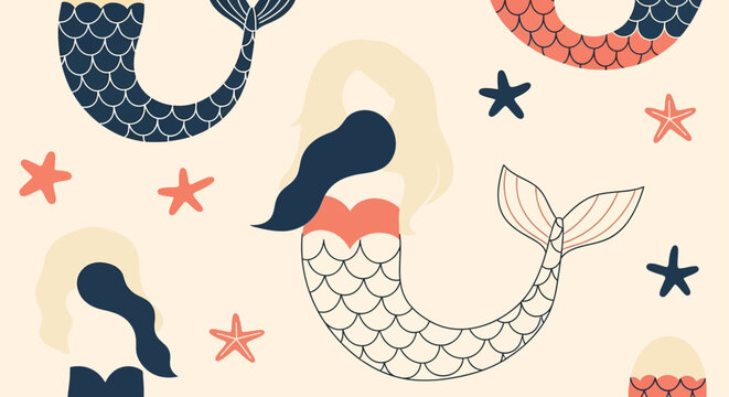 cute mermaid and starfish pattern nautical seamless background illustration