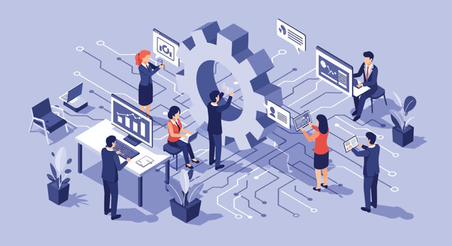 business technology team collaborates on data analysis and process optimization driving digital transformation.