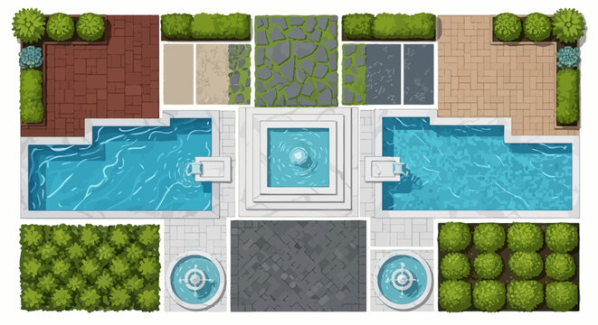 garden plan landscape design for a backyard layout top view with swimming pools fountains and diverse patios.