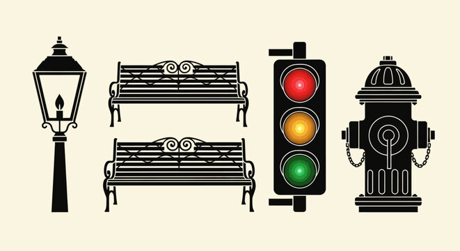 urban street elements vector illustration showcasing classic lamp park benches traffic light and fire hydrant icons for city design.