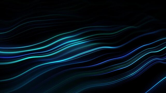 Abstract flowing blue light waves on black background. Glowing neon line landscape with smooth digital motion and layered luminous curves.