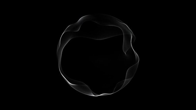 Abstract black and white orb, black isolated background, monochrome energy ring on black background. Thin flowing white wave contour forming elegant circular motion with transparent layered loop